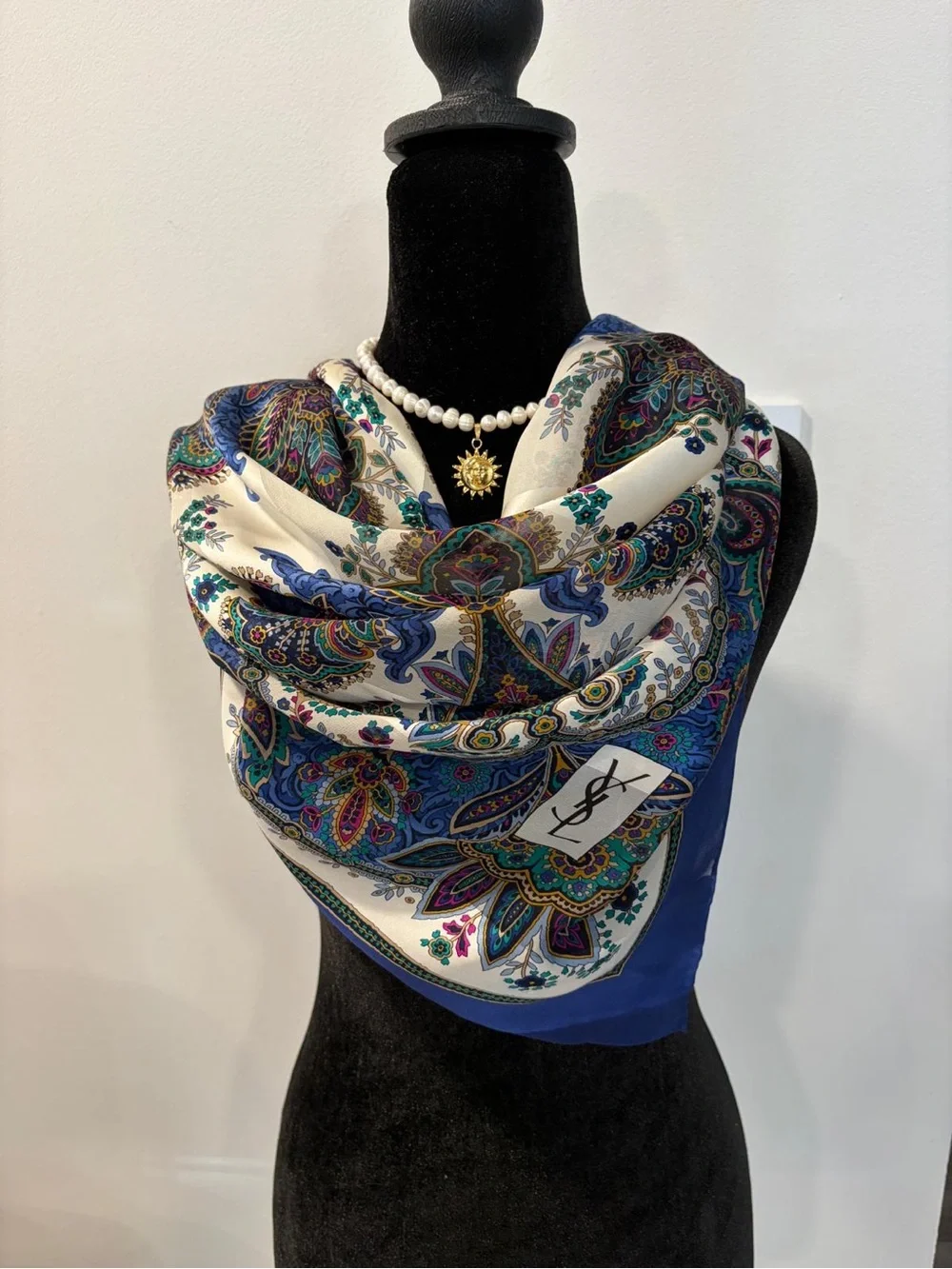 YSL Silk Scarf Blue White Paisley Logo 41 Inch Hand Rolled